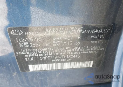 2015 Hyundai Sonata Se из США, поврежденный, VIN 5NPE24AF7FH182446